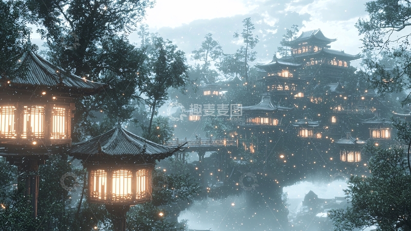 高清大图下载【趣麦麦图】雪夜山村