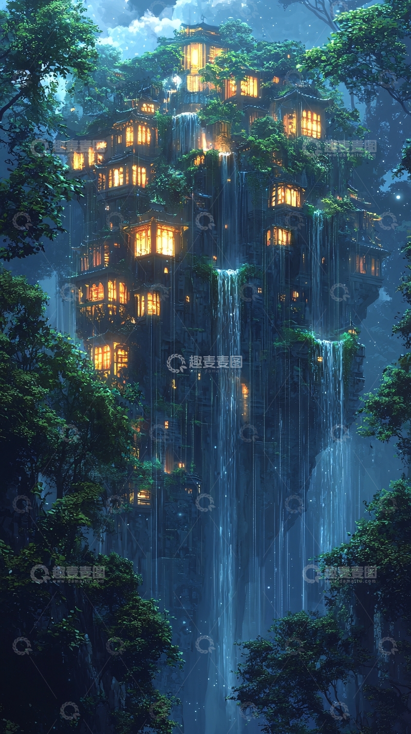 高清大图下载【趣麦麦图】瀑布上的梦幻房屋