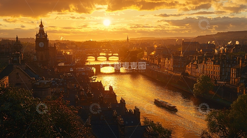 高清大图下载【趣麦麦图】夕阳下爱丁堡城市景观