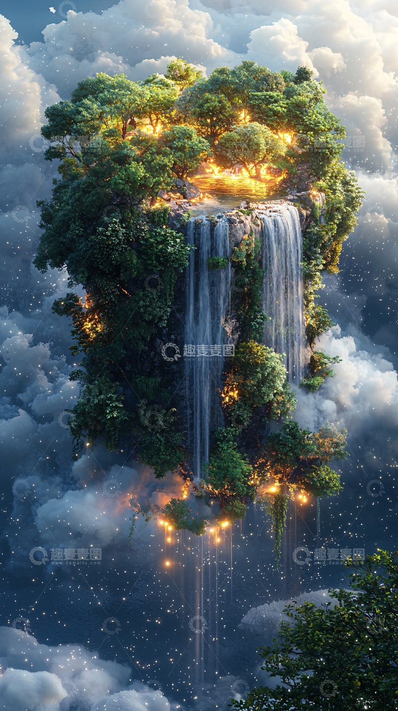 高清大图下载【趣麦麦图】悬浮岛屿瀑布仙境