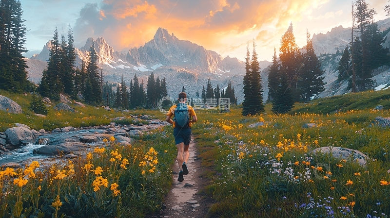 高清大图下载【趣麦麦图】山脉日落中奔跑的人