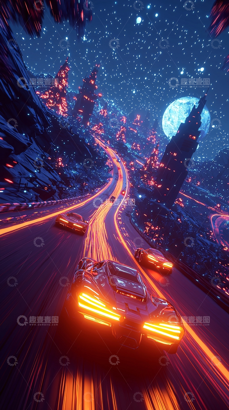 高清大图下载【趣麦麦图】赛博朋克赛车夜景