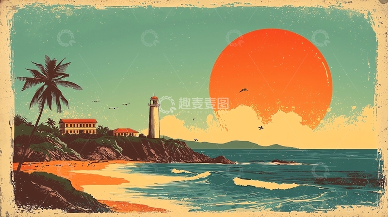 高清大图下载【趣麦麦图】复古风格海边灯塔日落
