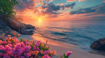 海边日落粉色花朵