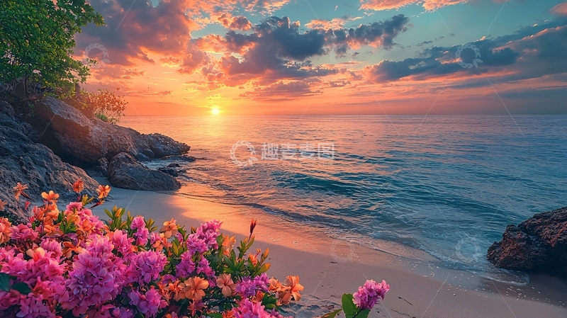 高清大图下载【趣麦麦图】海边日落粉色花朵