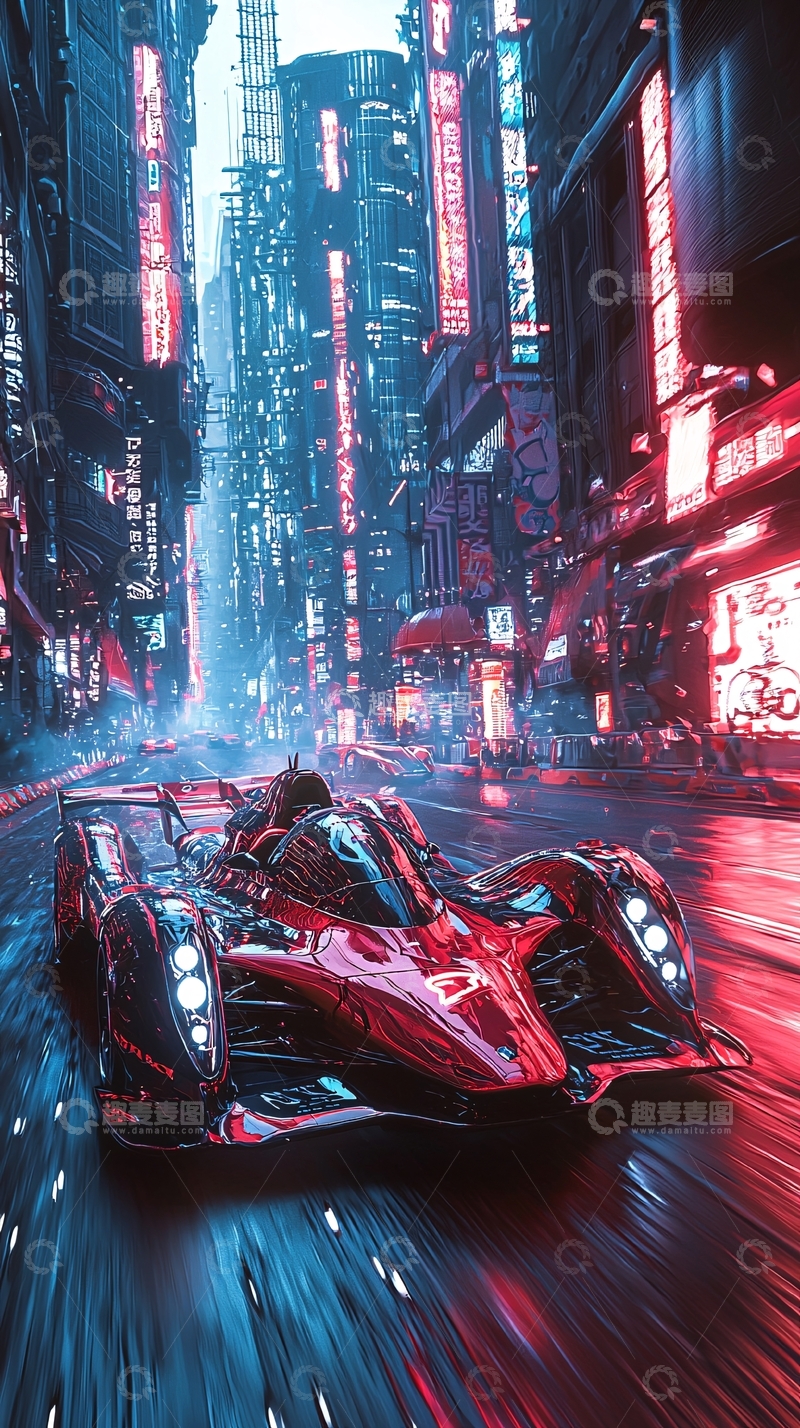 高清大图下载【趣麦麦图】赛博朋克风格赛车街道