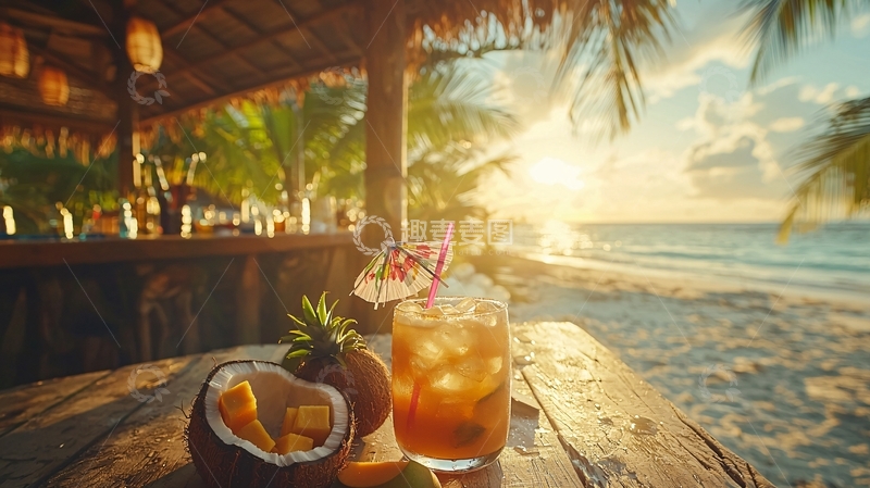 高清大图下载【趣麦麦图】海滩酒吧落日鸡尾酒