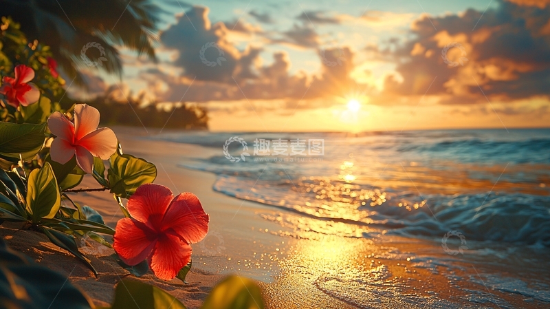 高清大图下载【趣麦麦图】海滩日落花朵