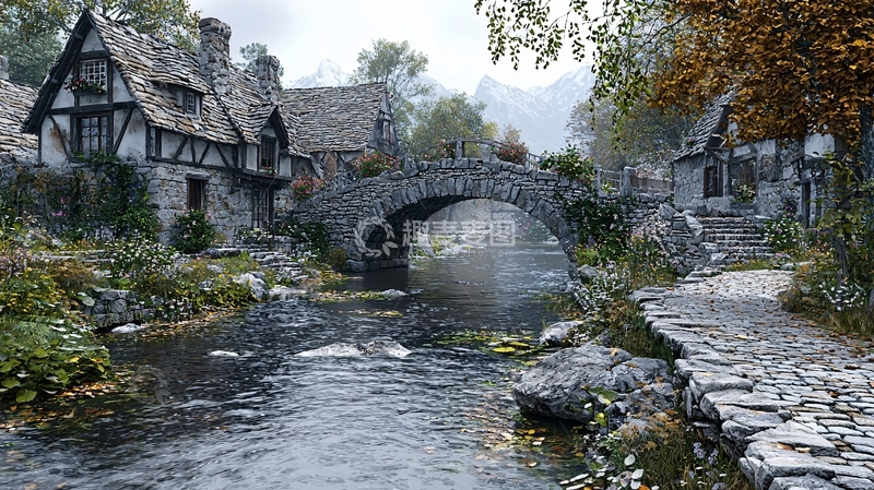 高清大图下载【趣麦麦图】中世纪村庄石桥流水