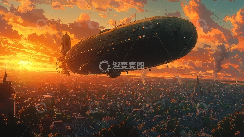 高清大图下载【趣麦麦图】飞艇日落城市剪影
