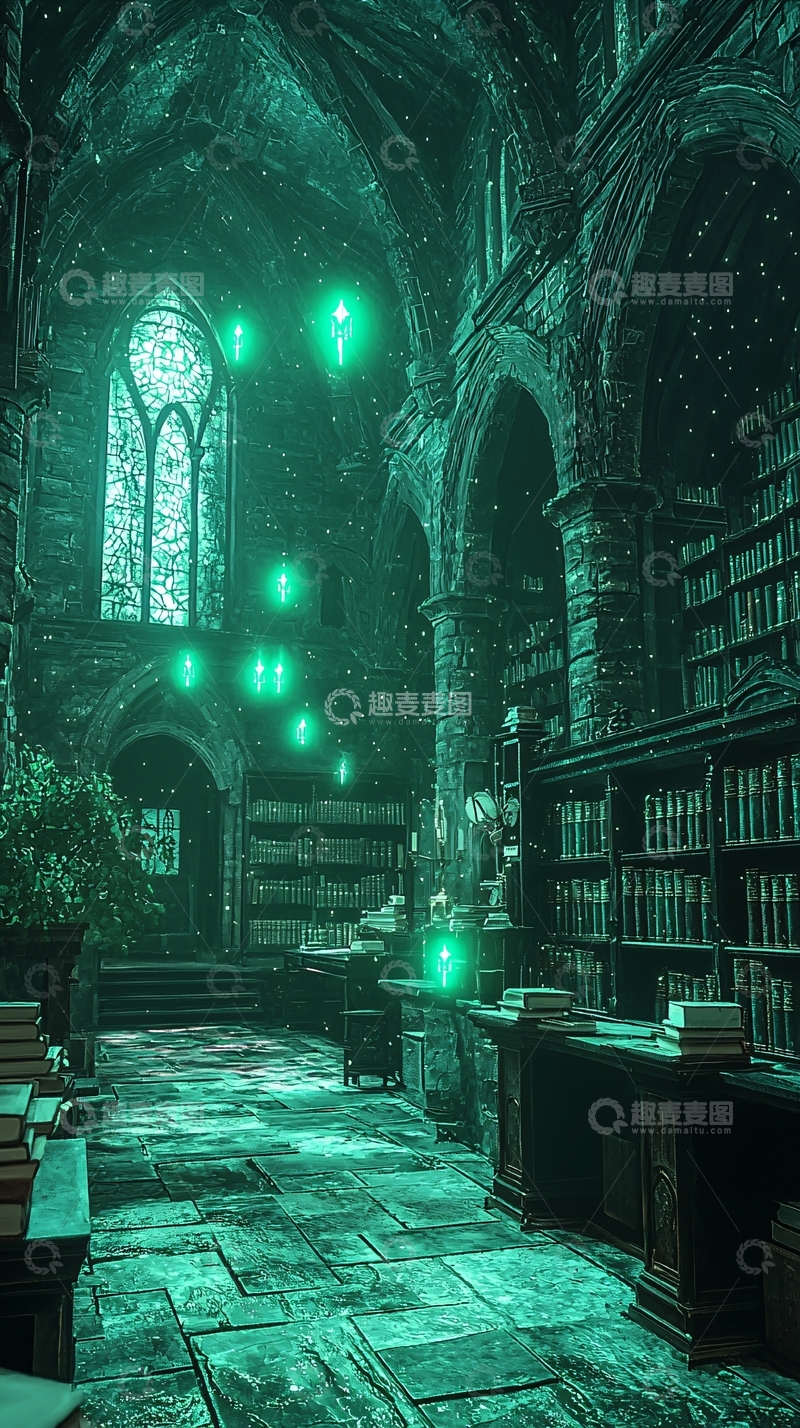 高清大图下载【趣麦麦图】哥特式图书馆神秘绿光