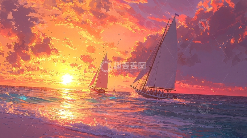 高清大图下载【趣麦麦图】夕阳西下帆船海景