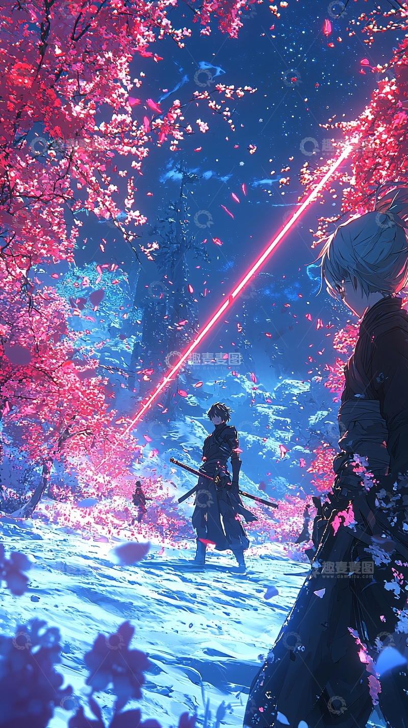 高清大图下载【趣麦麦图】梦幻樱花树下武士对决