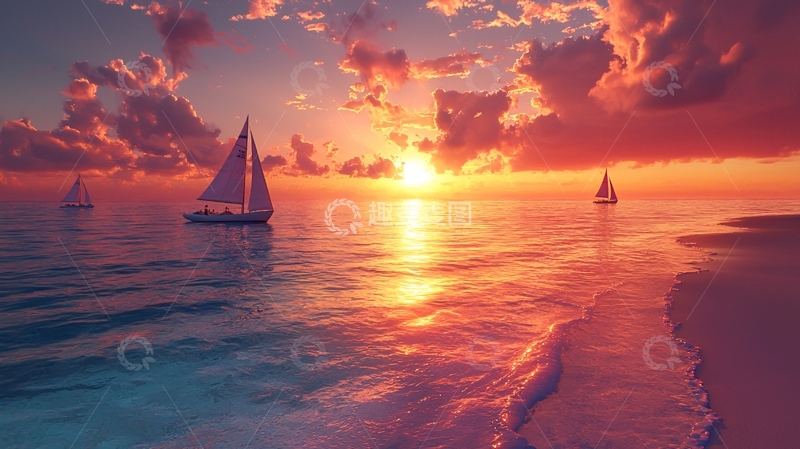 高清大图下载【趣麦麦图】夕阳西下帆船海景