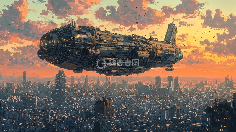 高清大图下载【趣麦麦图】飞艇飞过蒸汽朋克城市
