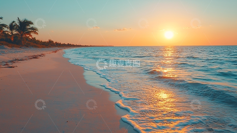 高清大图下载【趣麦麦图】海滩日落椰树景色