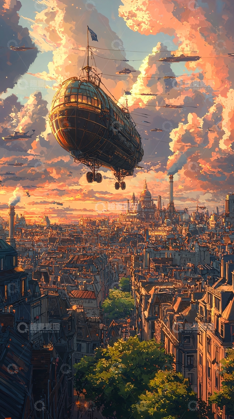 高清大图下载【趣麦麦图】蒸汽朋克风格的城市景观