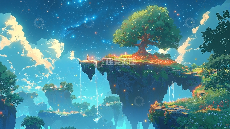 高清大图下载【趣麦麦图】星空下的悬浮岛屿