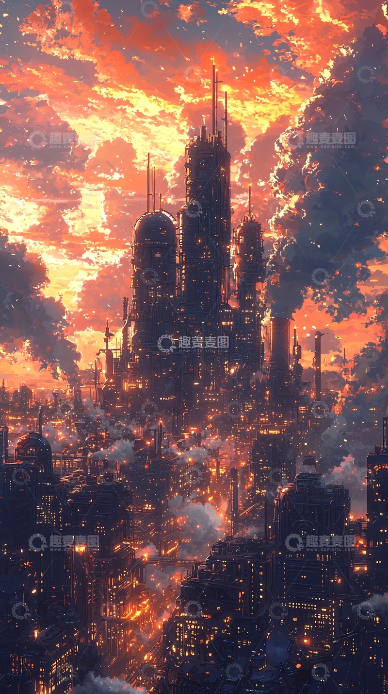 高清大图下载【趣麦麦图】日落余晖下的未来都市