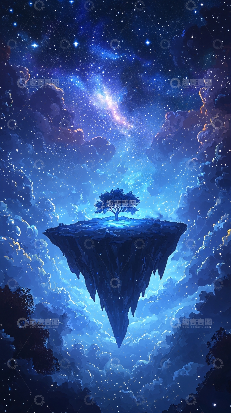高清大图下载【趣麦麦图】星空下的漂浮孤岛