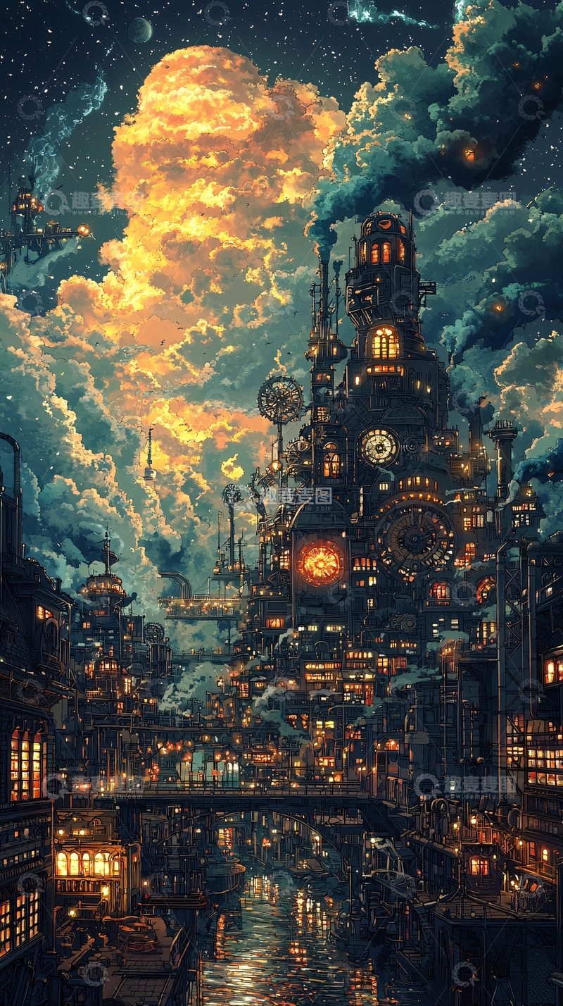 高清大图下载【趣麦麦图】蒸汽朋克风格城市夜景