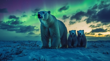 北极熊一家极光背景