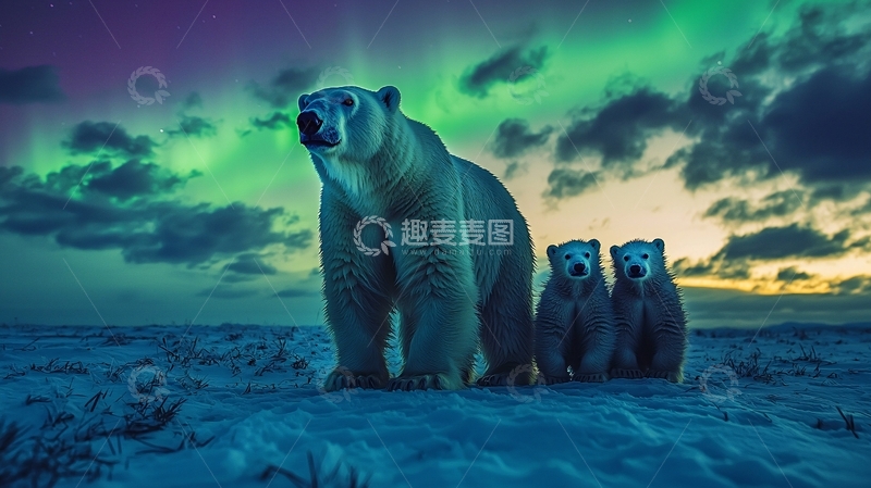 高清大图下载【趣麦麦图】北极熊一家极光背景