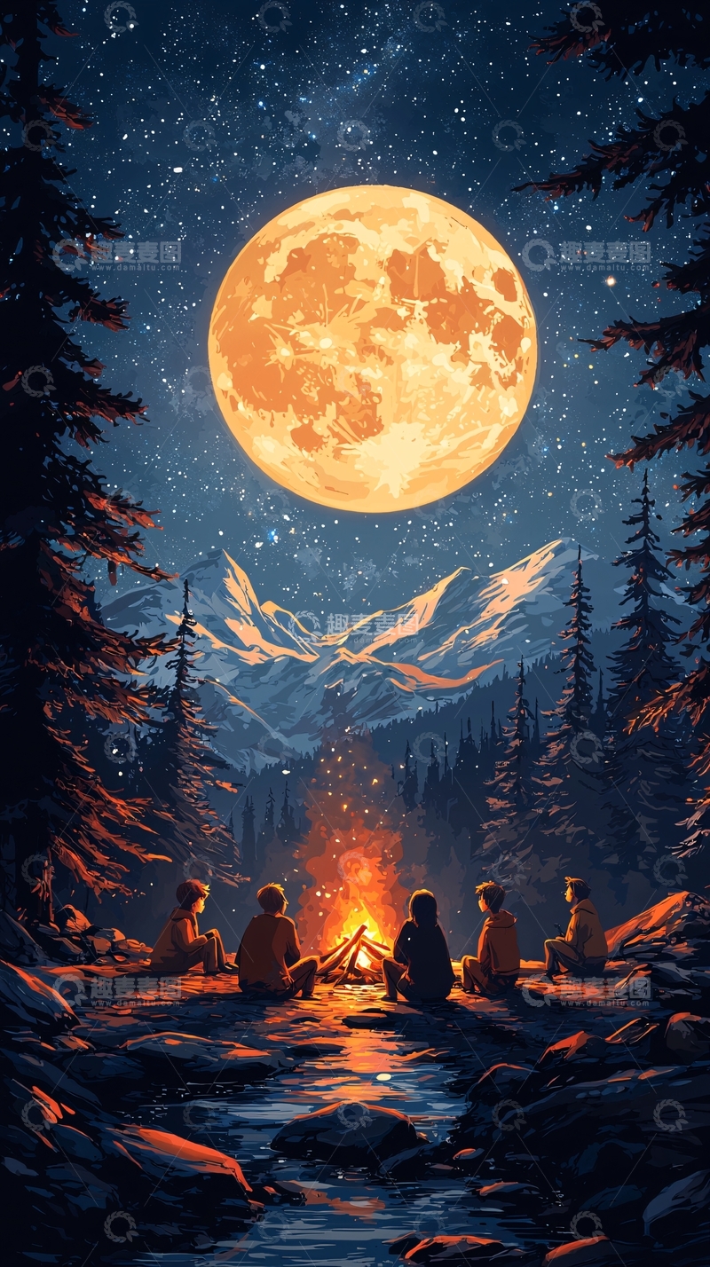 高清大图下载【趣麦麦图】篝火旁的星空露营