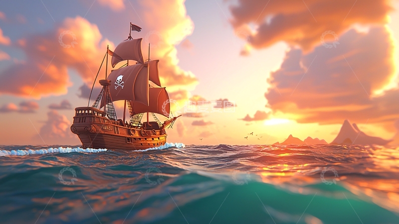 高清大图下载【趣麦麦图】夕阳下航行的海盗船