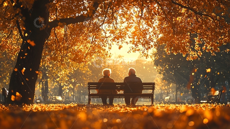高清大图下载【趣麦麦图】秋日公园长椅上的老年夫妇