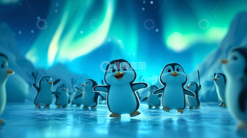 高清大图下载【趣麦麦图】极光下快乐的小企鹅