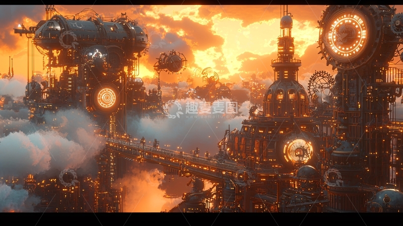 高清大图下载【趣麦麦图】蒸汽朋克风格云端城市