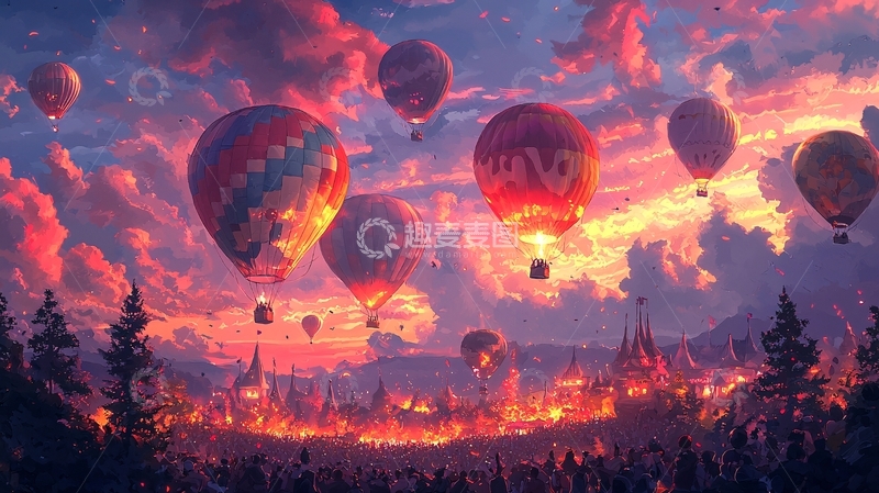 高清大图下载【趣麦麦图】梦幻热气球夕阳景色