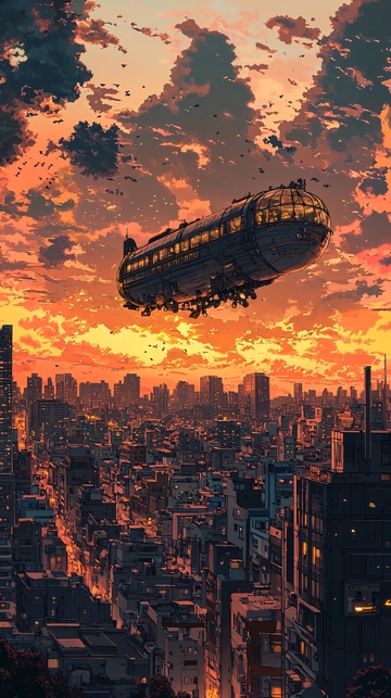 日落城市上空飞艇
