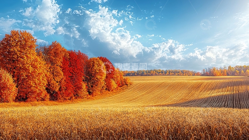 高清大图下载【趣麦麦图】秋日田野红叶树林