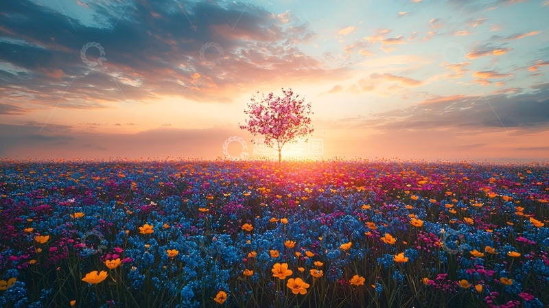 高清大图下载【趣麦麦图】日落花田里一棵粉红树
