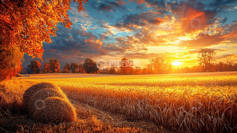 高清大图下载【趣麦麦图】秋日麦田落日余晖