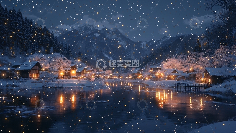 高清大图下载【趣麦麦图】雪夜山村