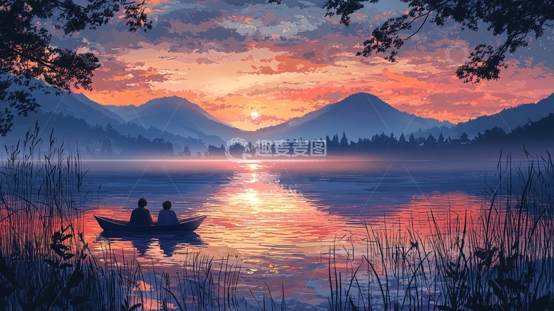高清大图下载【趣麦麦图】日落湖景情侣泛舟