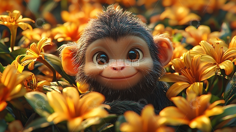 高清大图下载【趣麦麦图】可爱小猴子鲜花背景