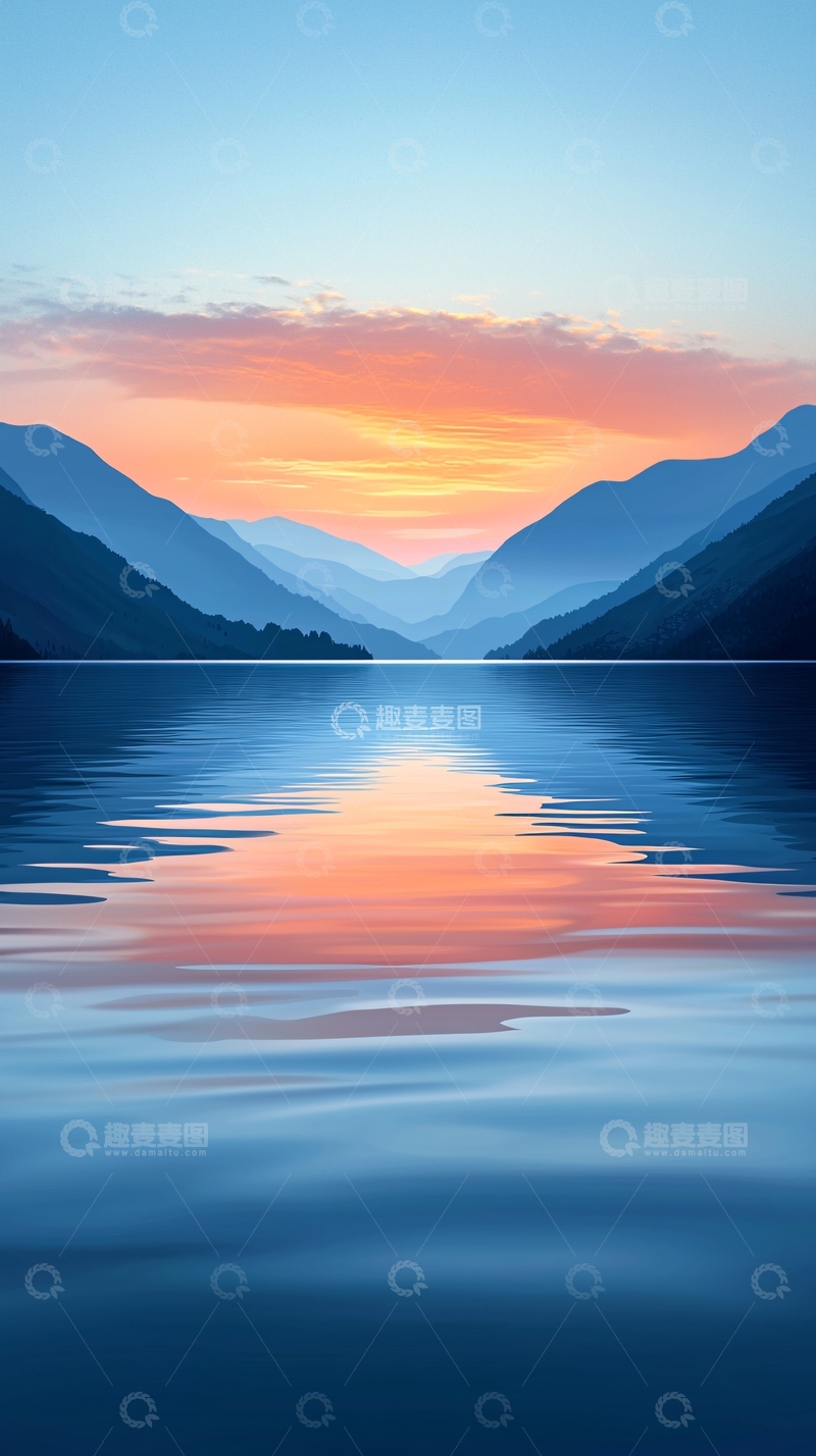 高清大图下载【趣麦麦图】平静湖面山峦日出