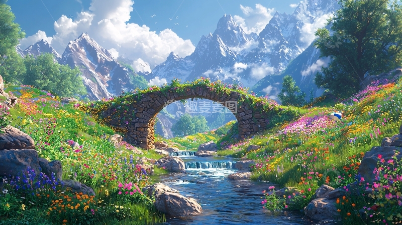 高清大图下载【趣麦麦图】山间小桥流水风景画