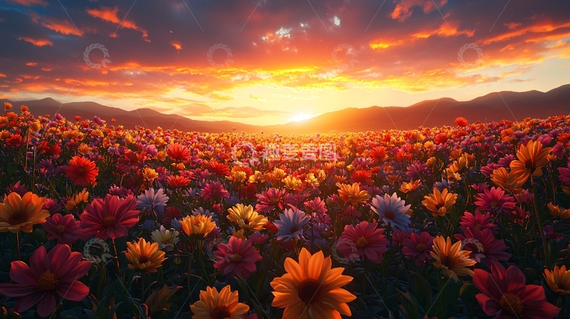 高清大图下载【趣麦麦图】绚丽多彩的落日花田
