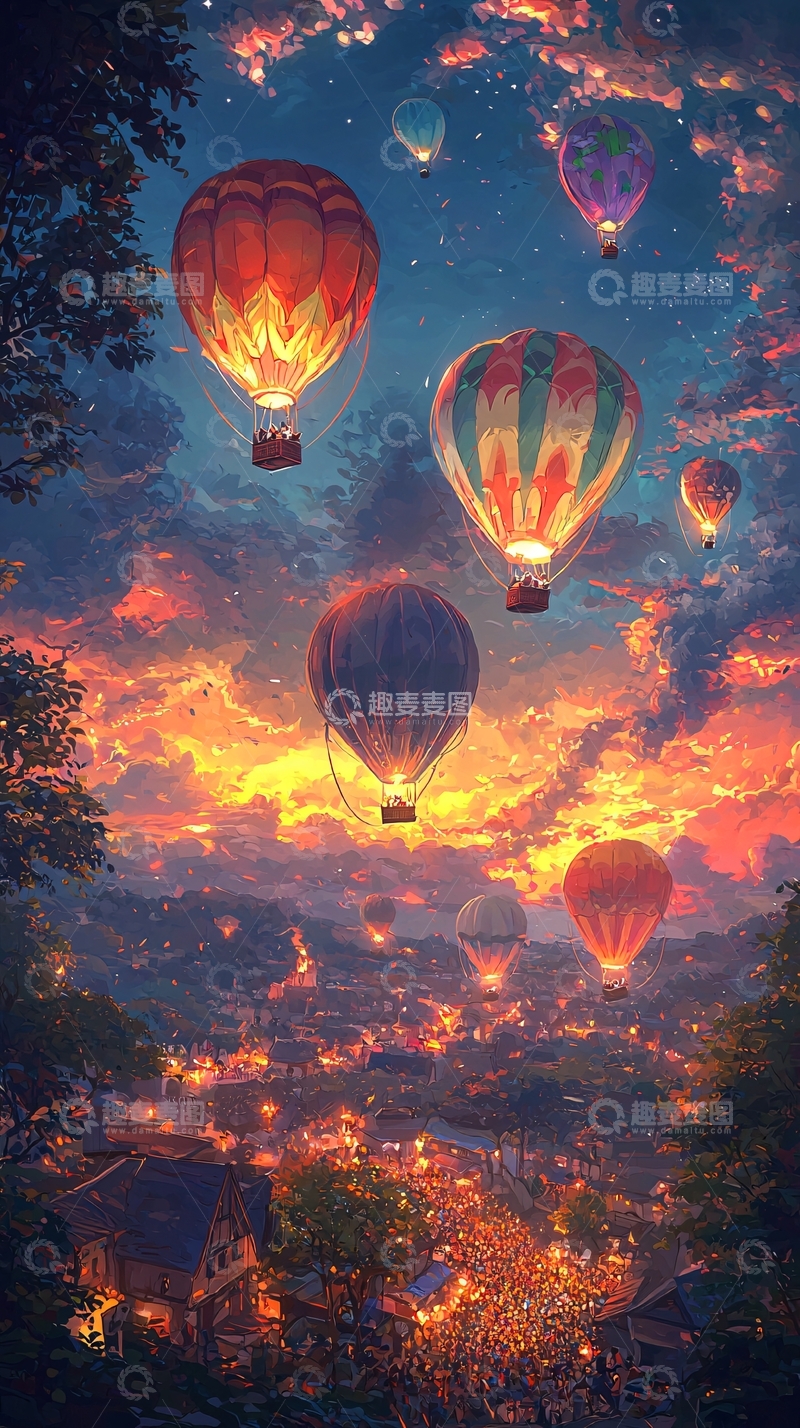 高清大图下载【趣麦麦图】绚丽晚霞热气球
