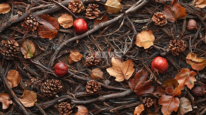 高清大图下载【趣麦麦图】秋日枯枝落叶松果背景