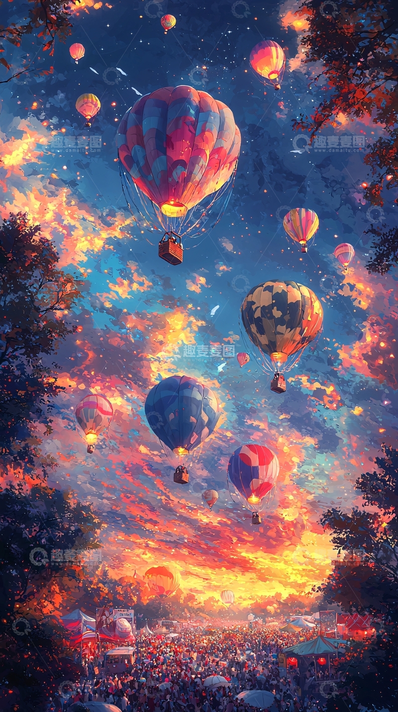 高清大图下载【趣麦麦图】梦幻热气球夕阳景色