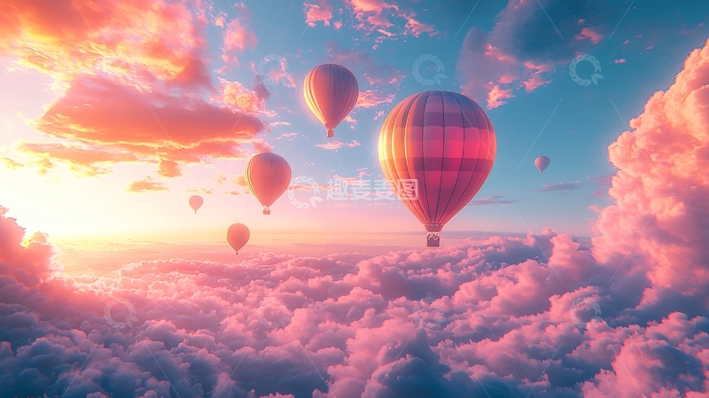 高清大图下载【趣麦麦图】粉色云朵热气球日落