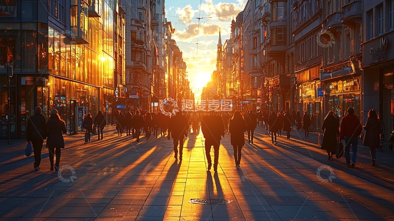 高清大图下载【趣麦麦图】夕阳西下街道人群