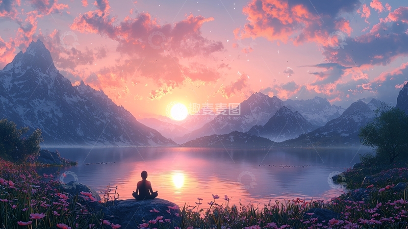 高清大图下载【趣麦麦图】日落雪山湖泊冥想
