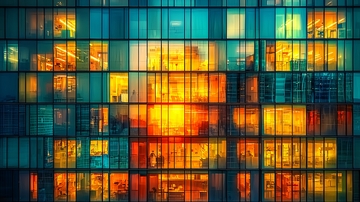 夜晚灯光下的玻璃幕墙大楼